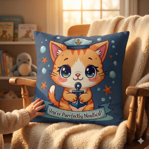 Coussin Kawaii Nautical Cat Ancre Pun