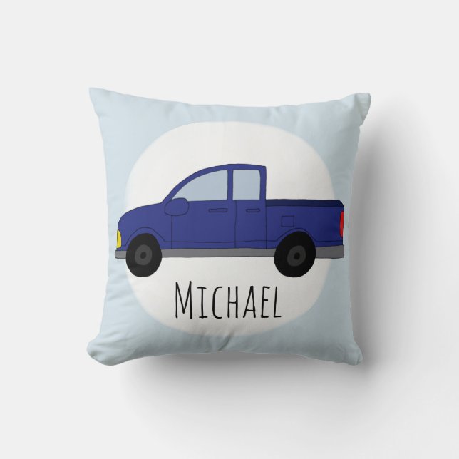 Coussin Kids Cute Blue Pickup Camion Garçons Nom Nursery (Recto)
