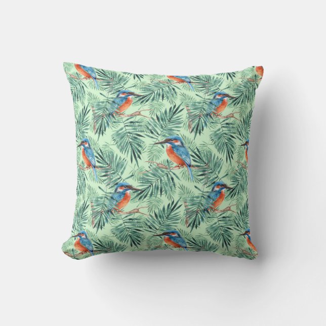 Coussin Kingfisher. Oiseaux et feuilles (Recto)