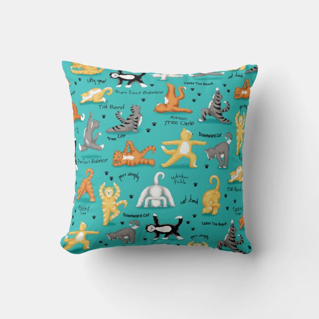 Coussin Kitty Chat Yoga Poses Turquoise bleu jaune Whimsy (Recto)