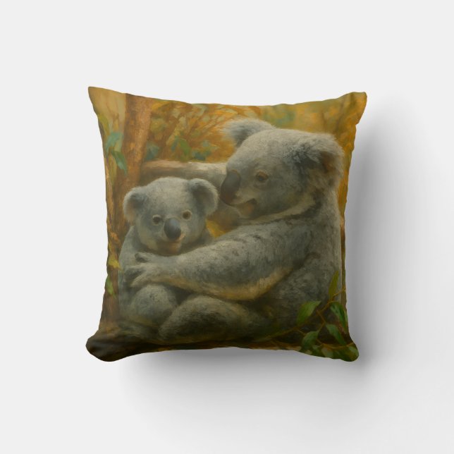 Coussin Koala Mother et Joey dans la canopée d'automne (Recto)