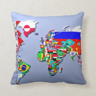 Coussin La carte du monde avec leurs drapeaux
