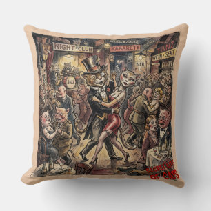 Coussin La Choreomanie de Strasbourg. Chat dansant vintage