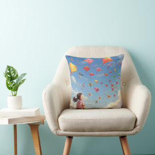 Coussin la fille qui regarde les cerfs-volants en papier