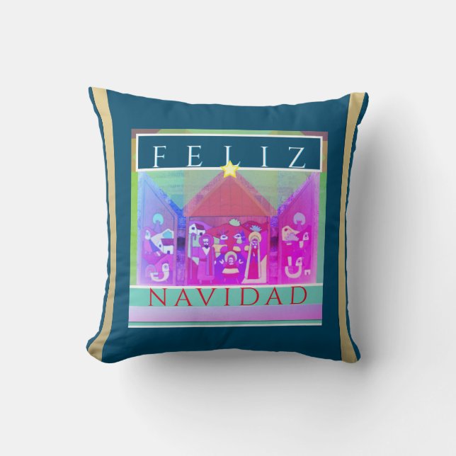 Coussin La Nativité mexicaine de Feliz Navidad sur le bleu (Recto)