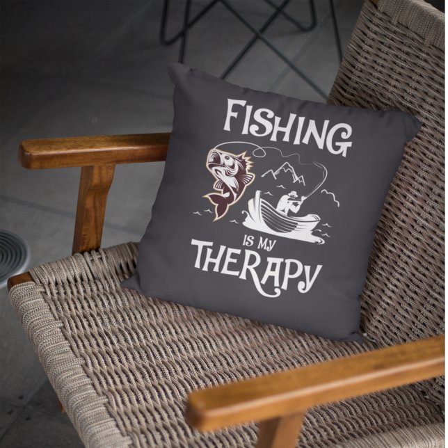 Coussin La Pêche Gris Sombre Est Ma Thérapie Ligne Bateau (Créateur téléchargé)