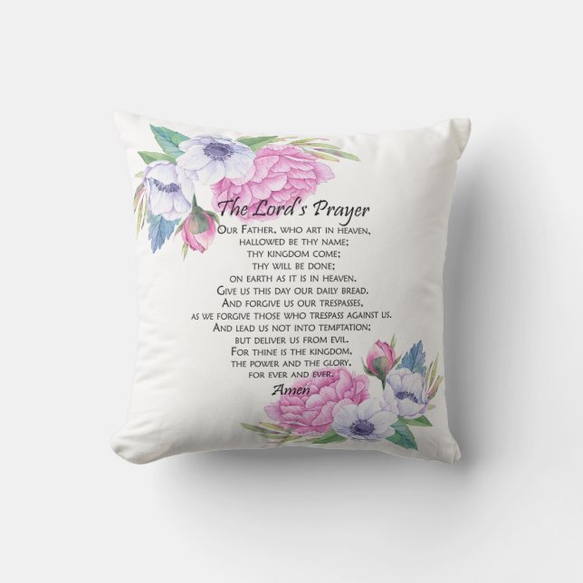 Coussin La prière du Seigneur rose florale, de Matthieu 6: (Recto)