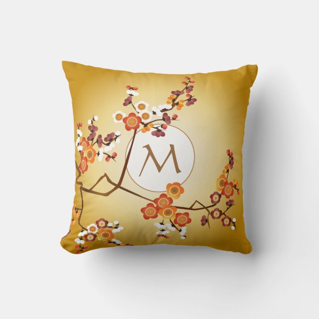 Coussin La prune japonaise fleurit branche de rouge orange (Recto)