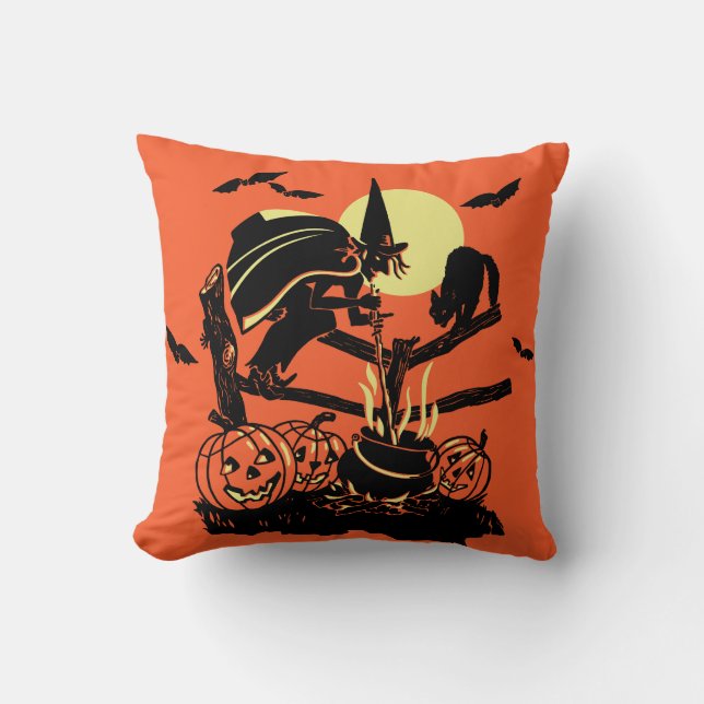 Coussin La sorcière d'Halloween Vintage sur la clôture (Recto)