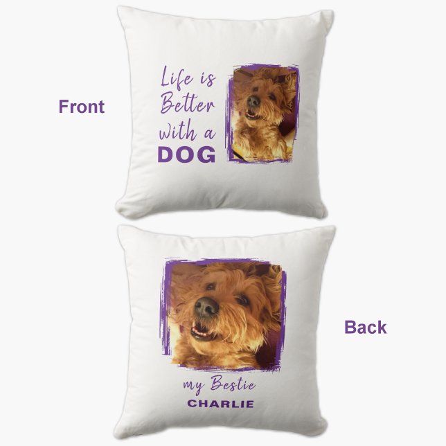 Coussin La vie meilleur chien 2 photo nom blanc violet (Créateur téléchargé)