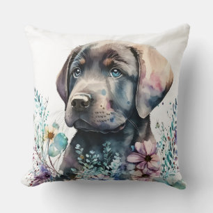 Coussin Labrador Retriever marron et fleurs à l'aquarelle