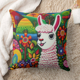 Coussin Lama coloré entouré d'un tableau de fleurs