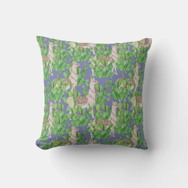 Coussin Lama d'aquarelle et motif de Catus (Recto)