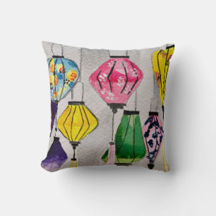 Coussin lanternes chinoises aquarelle art