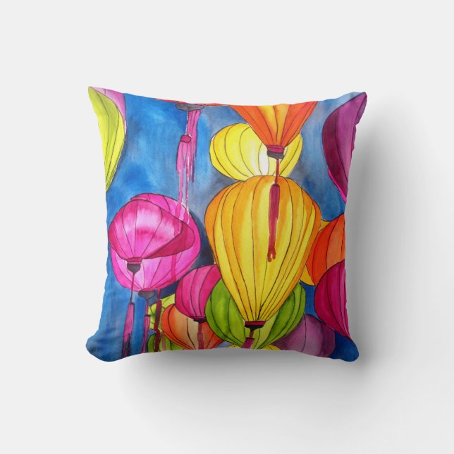 Coussin Lanternes chinoises aquarelle art moderne (Recto)