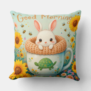 Coussin Lapin adorable dans une tasse entouré de tournesol