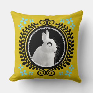 Coussin Lapin Blanc Étrange : Jaune, Noir et Bleu Clair