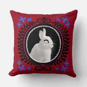 Coussin Lapin Blanc Étrange : Rouge, Bleu, Rose & Noir