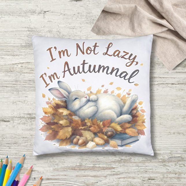 Coussin Lapin d'automne en Feuille avec une citation amusa (Créateur téléchargé)