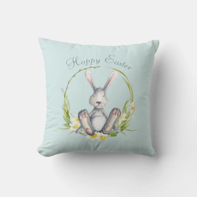 Coussin Lapin de Pâques à l'aquarelle dans une couronne fl (Recto)
