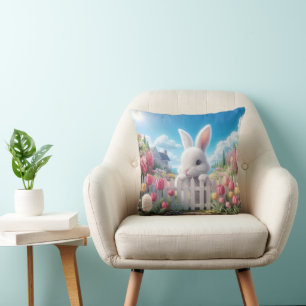 Coussin Lapin de Pâques dans un jardin printanier