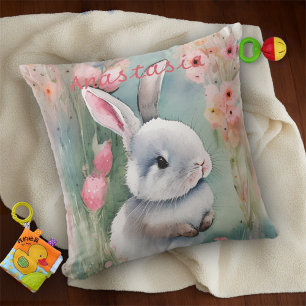 Coussin Lapin de Pâques mignon Pastel Aquarelle Fleurs de