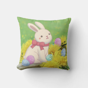 Coussin Lapin de Pâques, Oeufs de Pâques & Fleurs Illustra