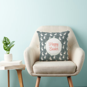 Coussin Lapin et oeufs gris floral