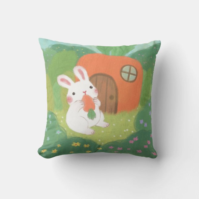 Coussin Lapin heureux avec carotte en forêt (Recto)