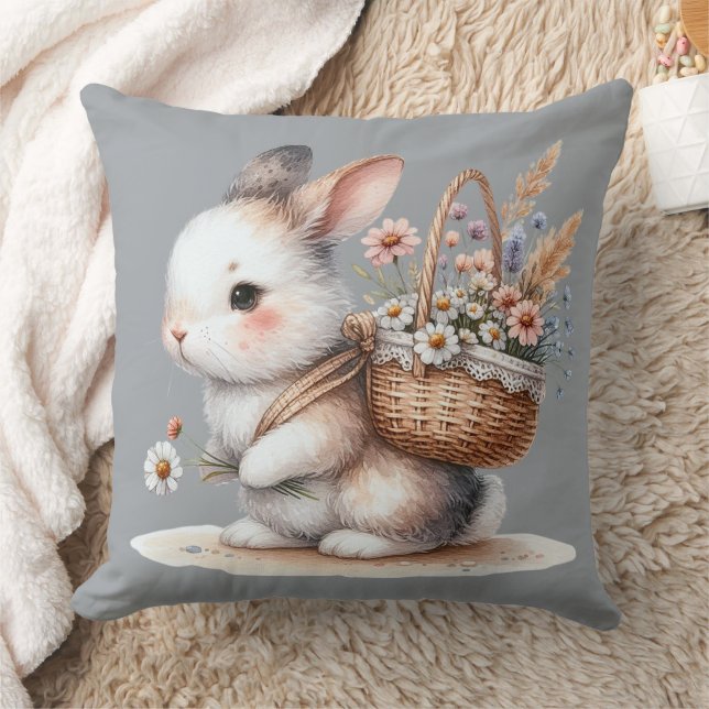 Coussin Lapin mignon avec fleurs Art à l'aquarelle (Couverture)