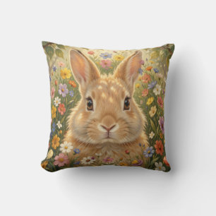 Coussin Lapin mignon dans une prairie de fleurs vibrantes