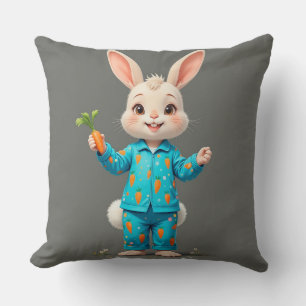 Coussin Lapin mignon portant un pyjama tenant une carotte