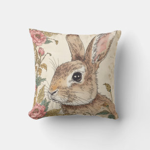 Coussin Lapin Vintage, Lapin Mignon, Motif Fleurs