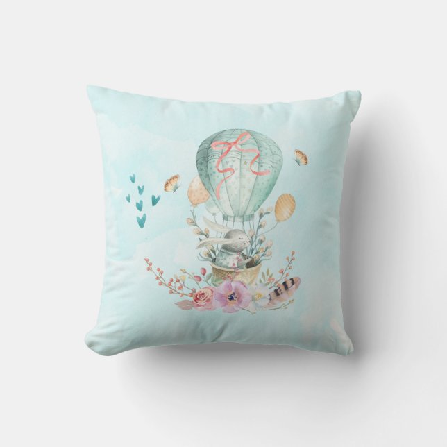 Coussin Lapin Whimsical Riding dans un ballon à air chaud (Recto)