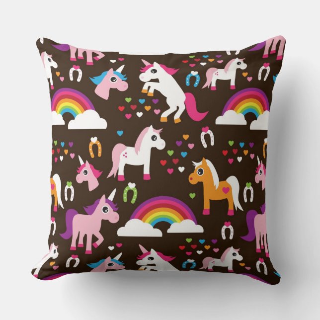 Coussin l'arc-en-ciel de licorne badine le cheval (Recto)
