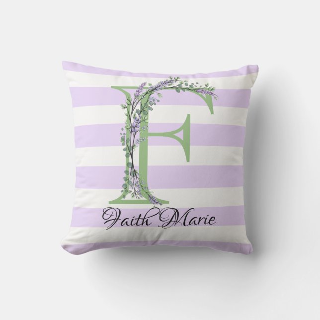 Coussin Lavande clair violet bandes blanches monogramme (Recto)