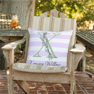 Coussin Lavande clair violet bandes blanches monogramme