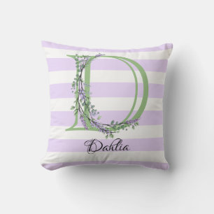 Coussin Lavande clair violet bandes blanches monogramme