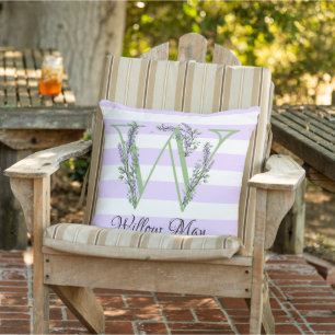 Coussin Lavande clair violet bandes blanches monogramme