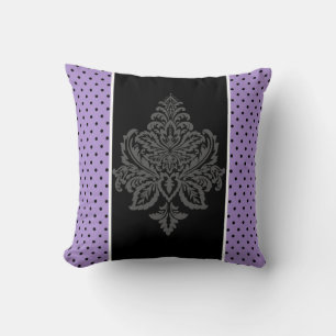 Coussin Lavande, damas et pois noirs