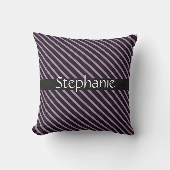 Coussin Lavande violet noir blanc Nom personnalisé Bandes (Recto)