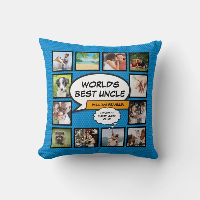Coussin Le meilleur Cool d'oncle du monde en photo-collage (Recto)