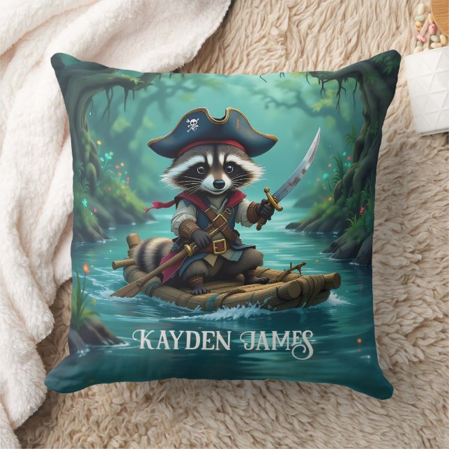 Coussin Le mignon capitaine Raccoon descend en rafting sur (Couverture)