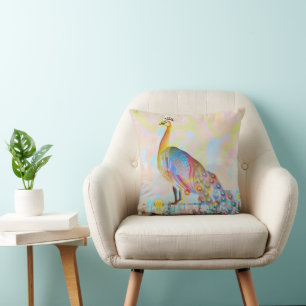 Coussin Le paon majestueux sur une clôture - abstrait