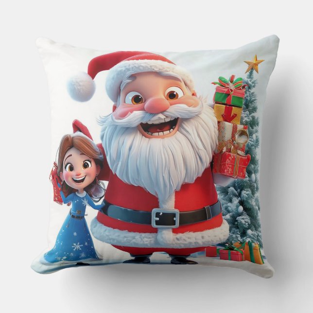 Coussin Le Père Noël et le Maiden des neiges fêtent Noël (Recto)