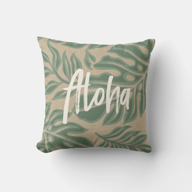 Coussin Leaf Tiki Sage Green Tropical réversible hawaïen (Recto)