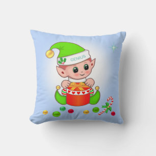 Coussin L'elfe de Noël vert & cadeau de Noël sur fond bleu