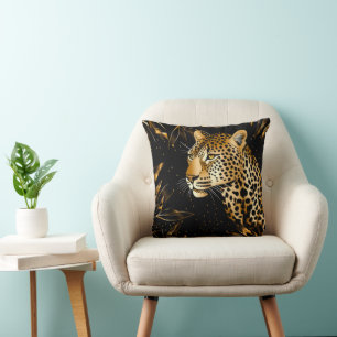 Coussin Leopard Cheetah Black Gold Jungle Feuilles Safari