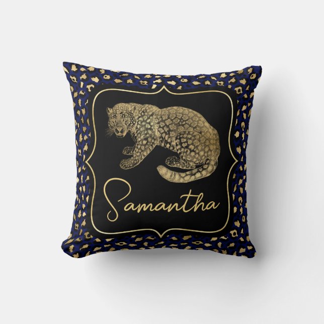 Coussin Léopard doré et Imprimé léopard bleu (Recto)