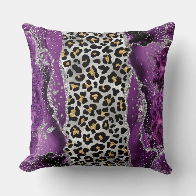 Coussin Leopard Gold violet Roses Agate Jeu d'oreiller (Recto)